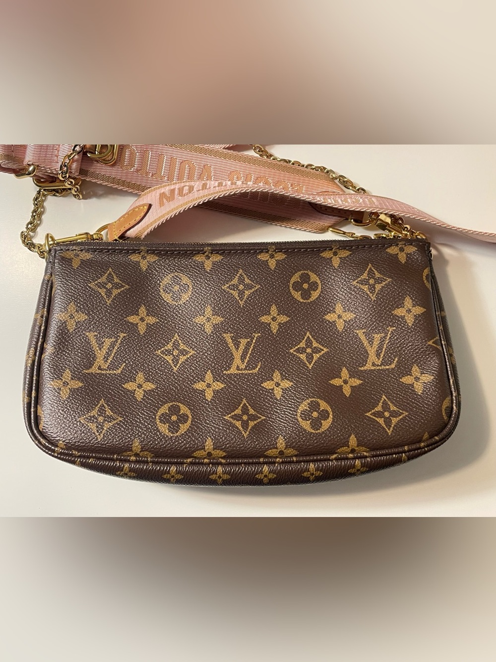 Louis Vuitton Brown Monogram Crossbody Bag with Pink Strap - Picture 16 of 17